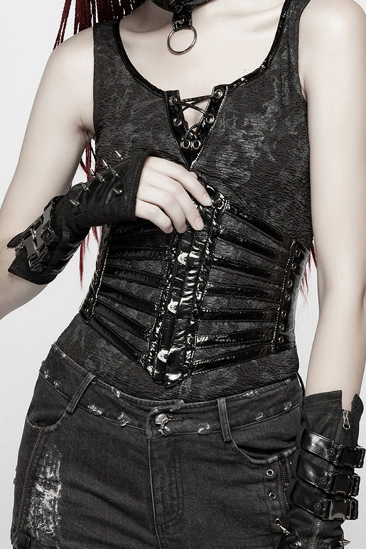 Steampunk Women's Girdle with Faux Leather Strips and Lace-Up Detail