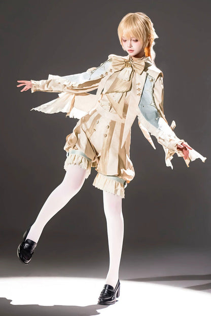 Golden Stand-Collar Long-Sleeve Embroidered Ruffled Bow Ouji Ensemble