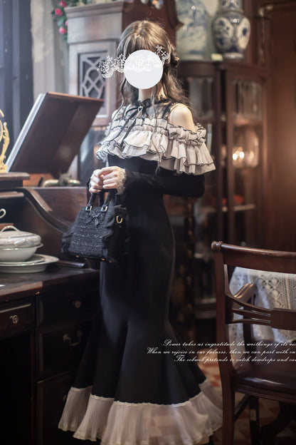 Ruffled Bowknot Fishtail Sweet Elegant Long-Sleeve Dress