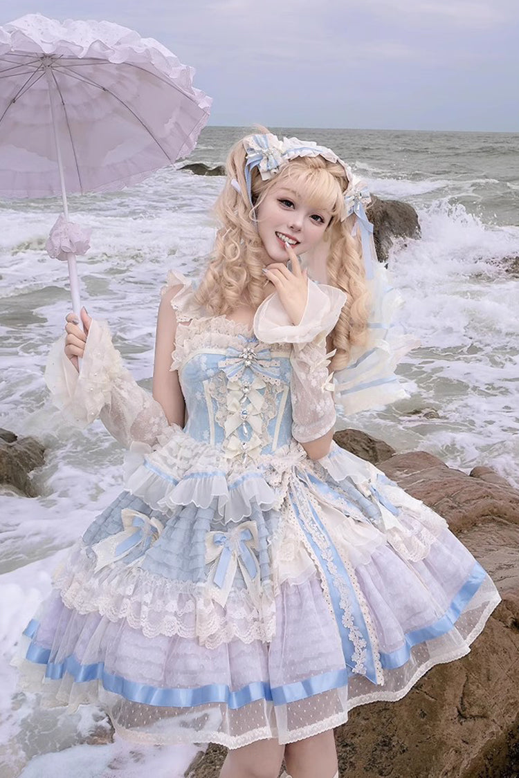 Sleeveless Embroidered Lace Dress with Fishbone Ruffle and Bow