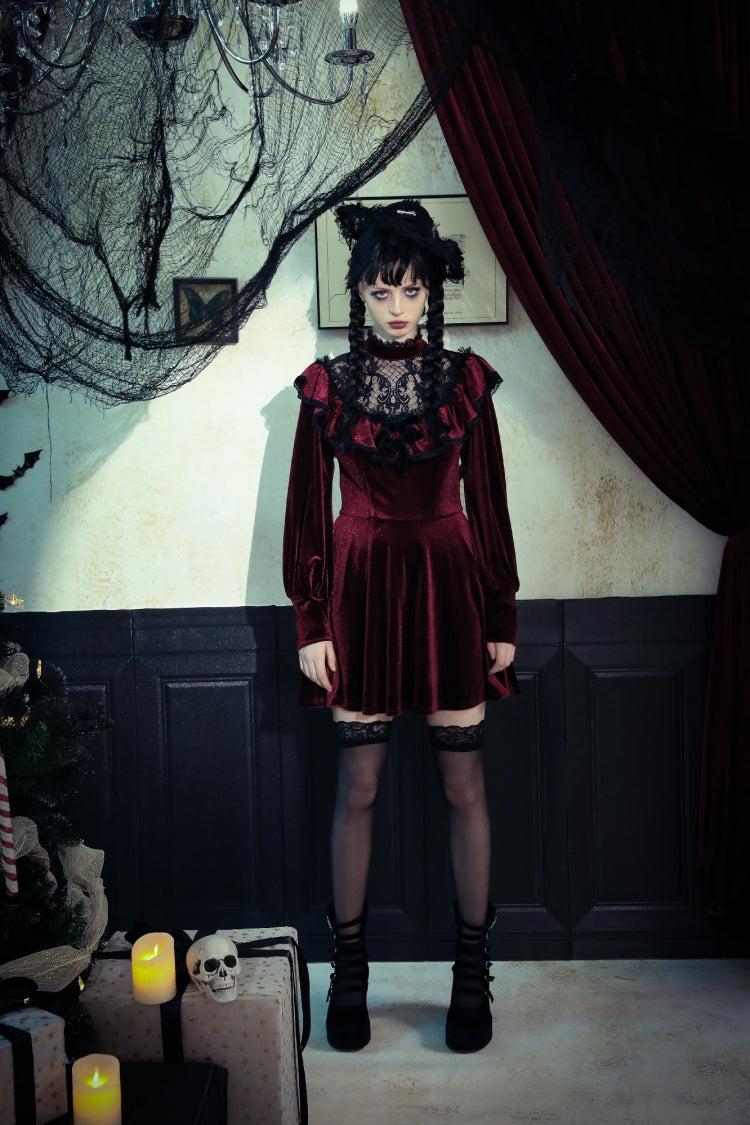 Crimson Knit Velvet Maxi Gown with Long Sleeves - Gothic Graduation Attire