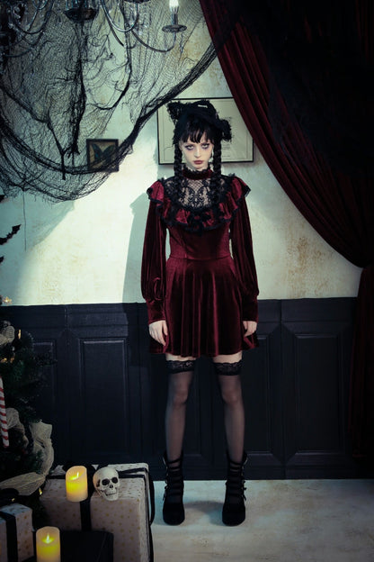 Crimson Knit Velvet Maxi Gown with Long Sleeves - Gothic Graduation Attire