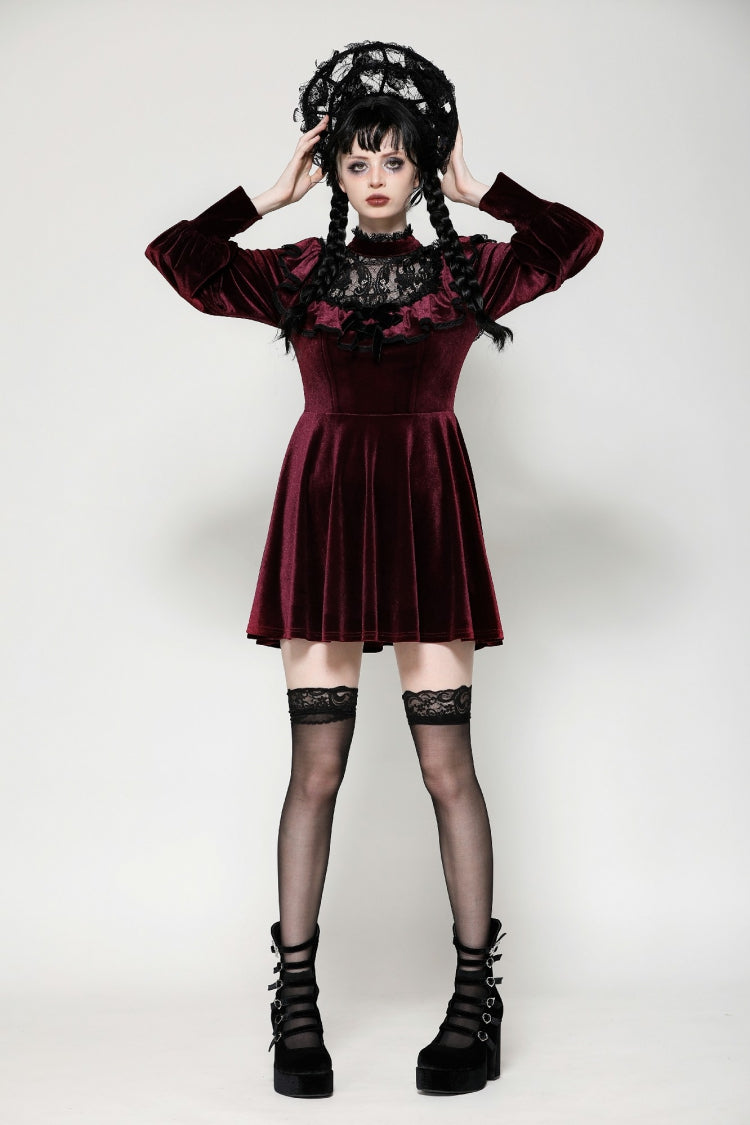 Crimson Knit Velvet Maxi Gown with Long Sleeves - Gothic Graduation Attire