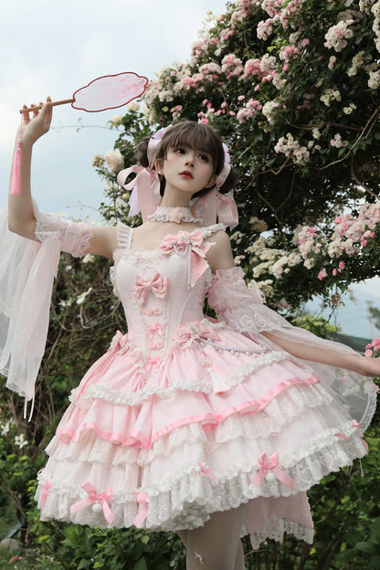 Rose Cherry Prelude Square Neck Sleeveless Layered Ruffled Bow Lace Embellished JSK Gown