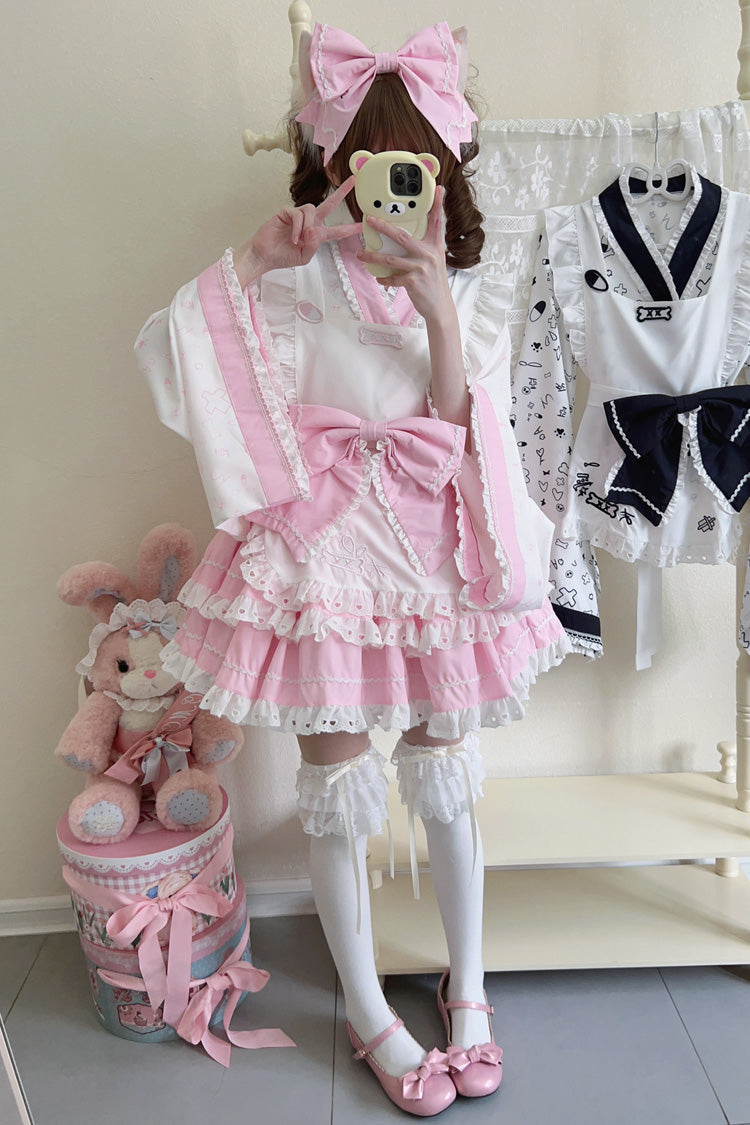 Pink White Double-Layer Ruffle Bow Maid Sweet Lolita Skirt Set