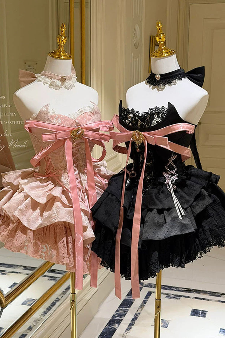 Kitten Sweetheart Multi-Layered Ruffled Bow Lace-Up Princess Ballet Gothic Lolita Jsk Dress