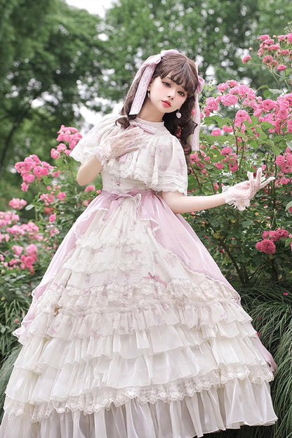 Bellflower Print Ruffled Lace Sweet Princess Gown