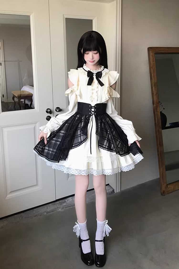 Black Beige Dark Chocolate Champagne Stand Collar Off Shoulder Long Sleeve Double Layer Ruffle Sweet Japanese Lolita Dress