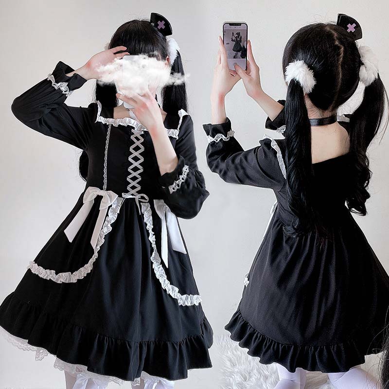 Robe de demoiselle d'honneur noire à lacets et nœud papillon Lolita