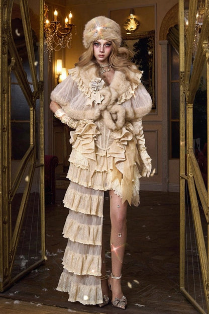 Slavic Noble Lady Short-Sleeved Ruffled Lace Fluffy Sweet Lolita Coat Cloak in Beige