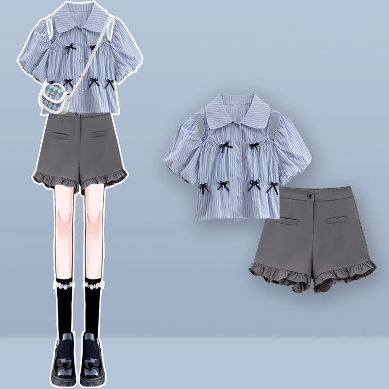 Hollow Puff Hem Shorts Lace T-Shirt Out Sleeve Stripe Bowknot