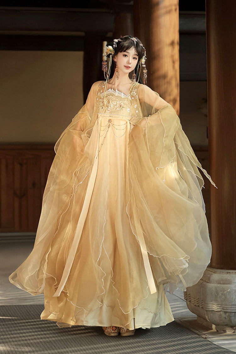 Golden Hime-Sleeve High-Waist Embroidered Classic Hanfu Set