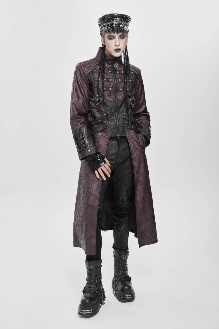 Crimson Mandarin Collar Zip Strap Eyelet Men's Punk Coat