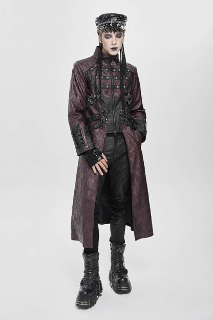 Crimson Mandarin Collar Zip Strap Eyelet Men's Punk Coat
