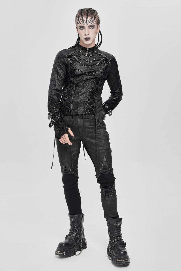 Men's Punk Blouse with Lace-Up Front and Chain Accents
