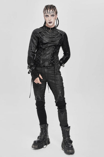 Men's Punk Blouse with Lace-Up Front and Chain Accents