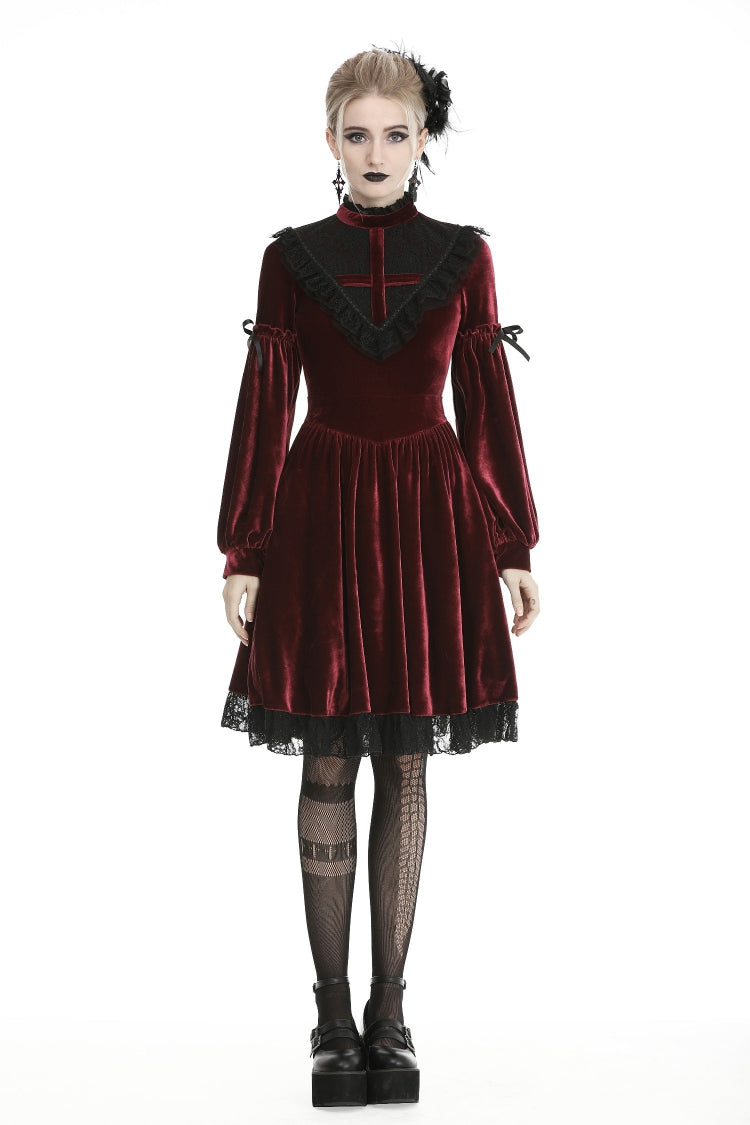 Vintage Long Sleeve Lace Collar Cross Gothic Velvet Dress for Women