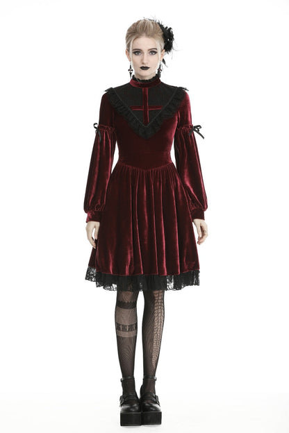 Vintage Long Sleeve Lace Collar Cross Gothic Velvet Dress for Women