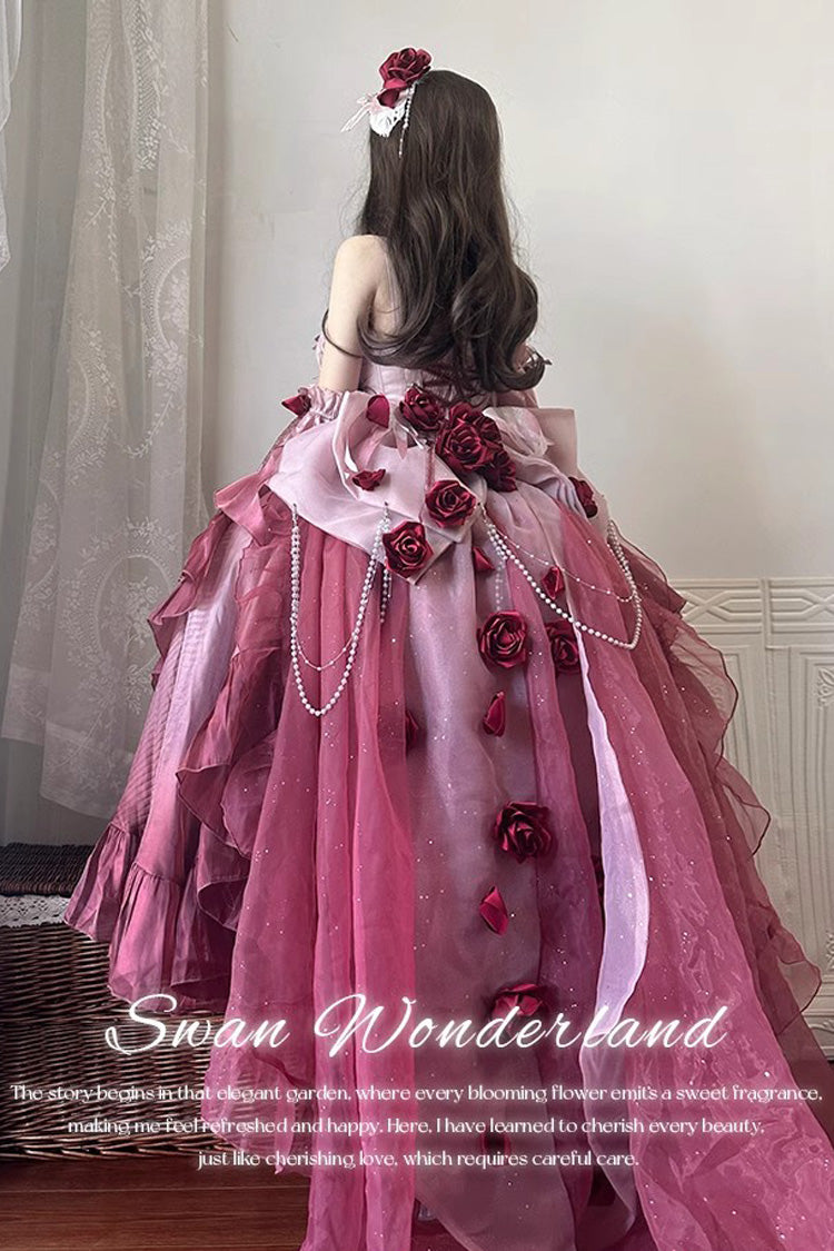 Plum Red Embroidery Lace-Up High-Low Sweet JSK Dress