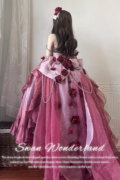 Plum Red Embroidery Lace-Up High-Low Sweet JSK Dress