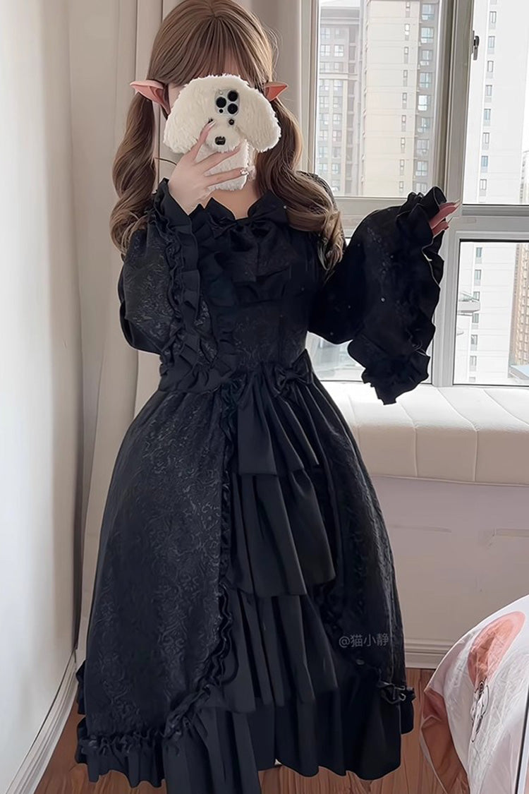 Ebony Long Hime Sleeves Layered Ruffle Cardigan Bow Gothic Plus Size Dress