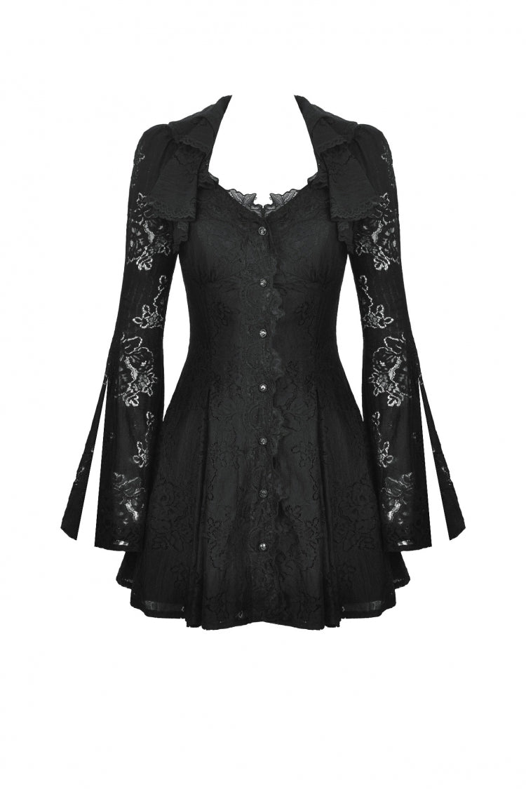 Ebony Embroidered Lace Trumpet Sleeve Corset Dress - Gothic Honeymoon Gown