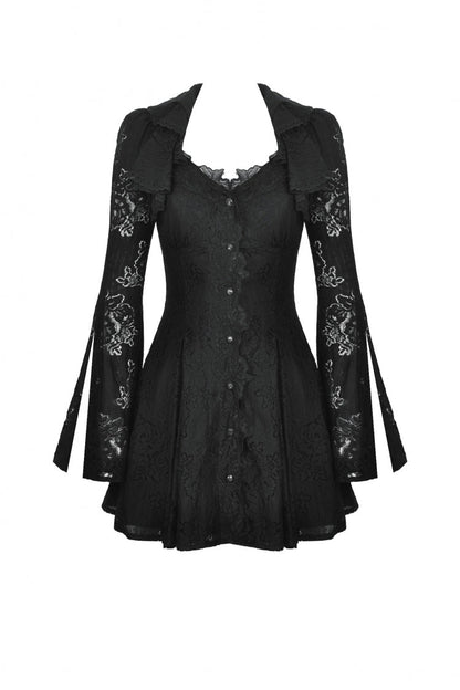 Ebony Embroidered Lace Trumpet Sleeve Corset Dress - Gothic Honeymoon Gown