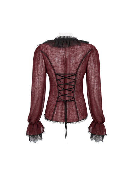 Crimson Slim Waist Tartan Stitched Layered Lace Long Sleeve Goth Shirt