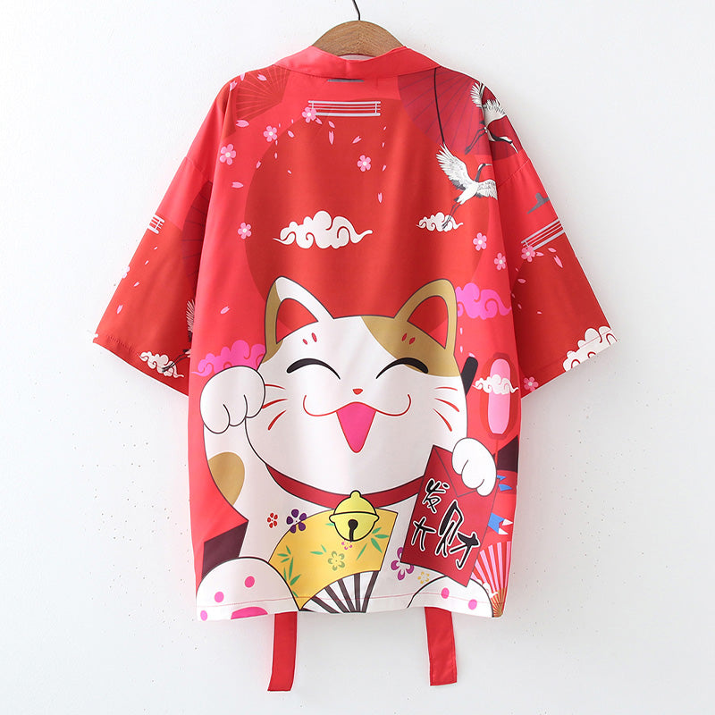 Cardigan kimono rouge à imprimé chat porte-bonheur animé