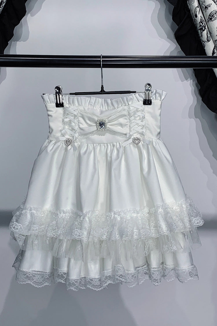 Triple-Layer Printed Ruffled Bow Lace Skirt Three Colors