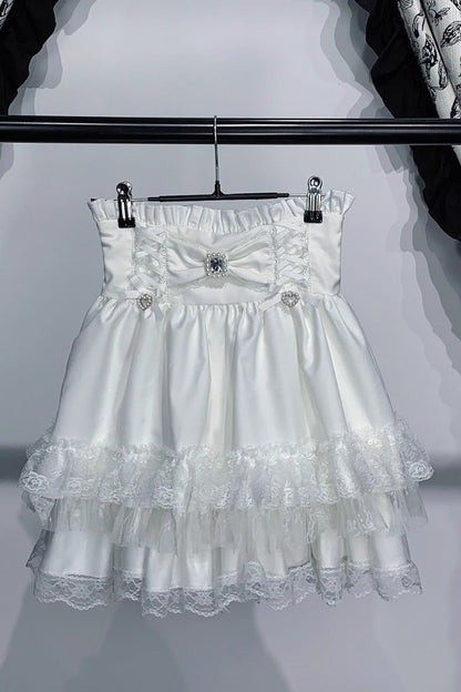 Triple-Layer Printed Ruffled Bow Lace Skirt Three Colors