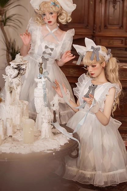 White Blue Sleeveless Diamond Plaid Bow Sweet Lolita JSK Dress