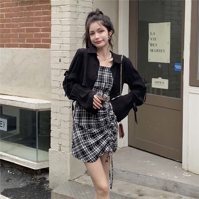 Slip Lattice Drawstring Size Plus Dress Set