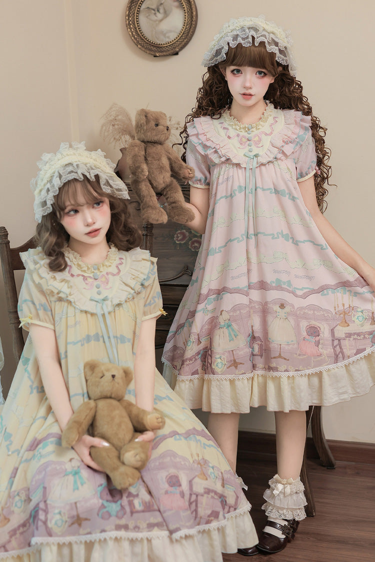 Sunny Short-Sleeve Bear Printed Ruffled Bow Dress Ensemble