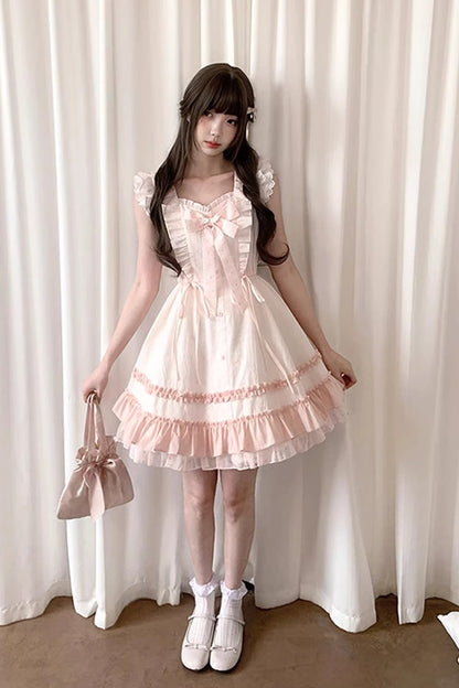 Pink Spring Timeline Double Layer Ruffle Bow Lace Up Sweet Princess Lolita Dress