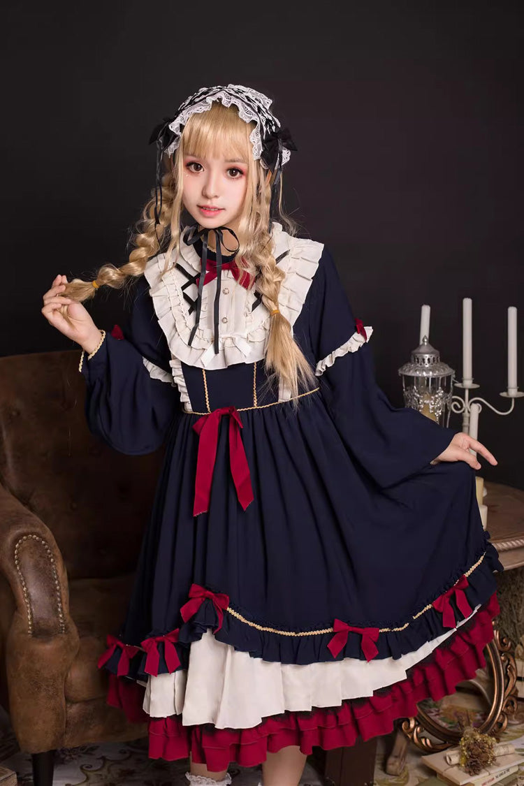 Blue Long Sleeves Ruffle Bow Daily Sweet Princess Lolita Dress