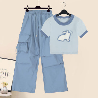 Knit Pattern Pants T-Shirt Blue Rabbit Cargo