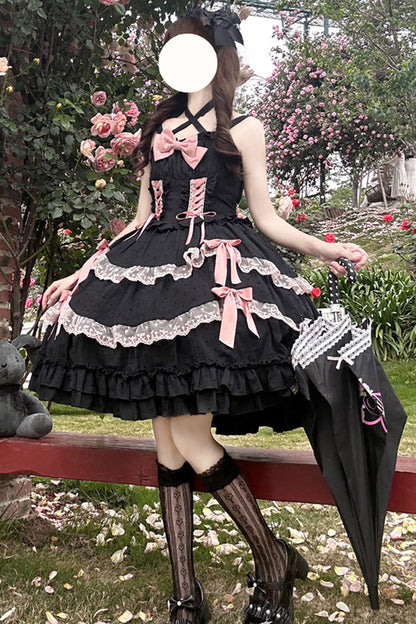 Double-Layered Bowknot Lace-Up Sweet JSK Dress