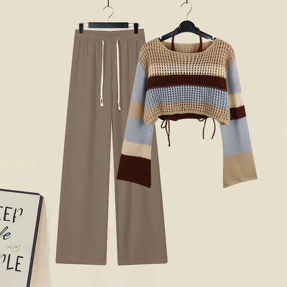 Pants Halter Stripe String Out Casual Top Cami Hollow Draw