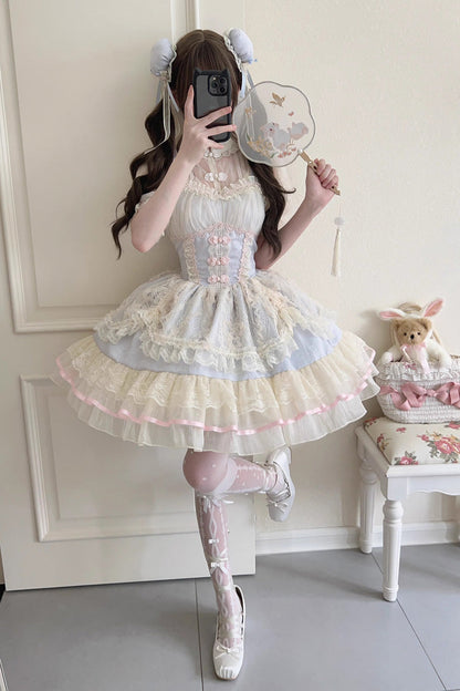 Flower Bud Halterneck Print Ruffle Lace Jsk - Chinese Ballet Lolita
