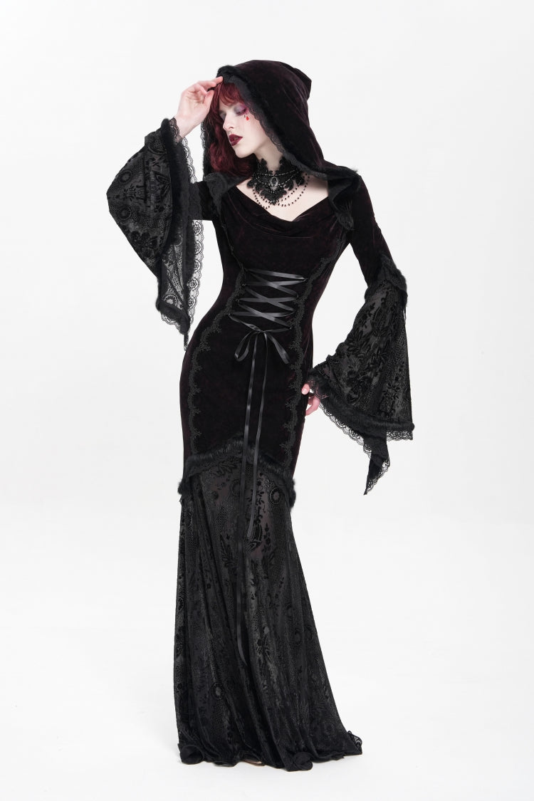 Trumpet Sleeve Embroidered Lace Hooded Mesh Gothic Dress
