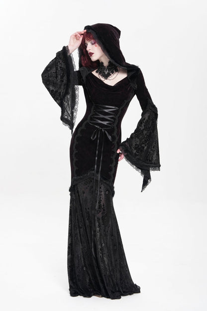 Trumpet Sleeve Embroidered Lace Hooded Mesh Gothic Dress