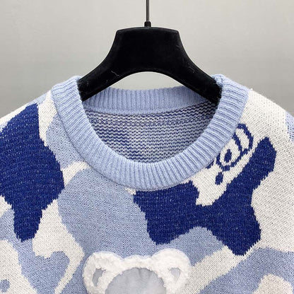 Sweater Bear Cartoon Print Set Split Skirt