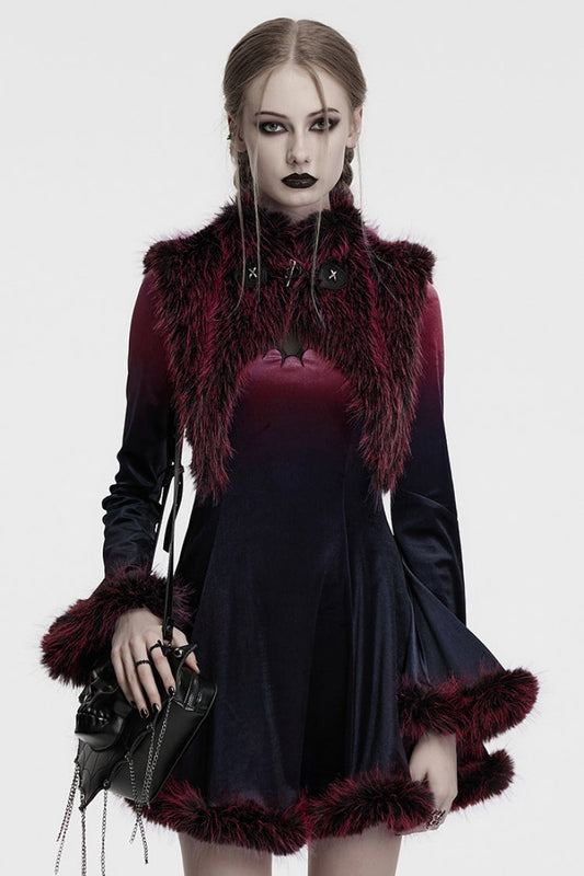 Crimson Mandarin Collar Sleeveless Gradient Faux Fur Women's Goth Cape