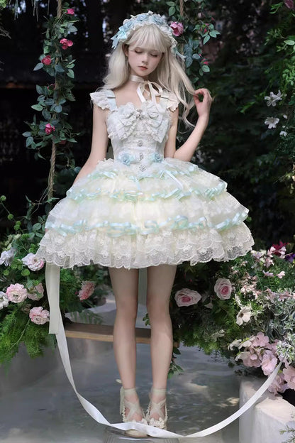 Emerald Triple-Layer Ruffle Ballet Lolita JSK - Rose Feather