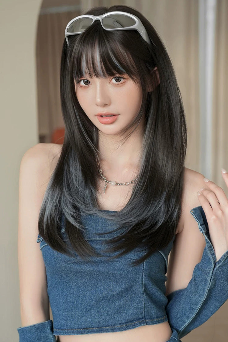 Vibrant Multitone Straight Wig with Full Fringe and Aqua Sheen