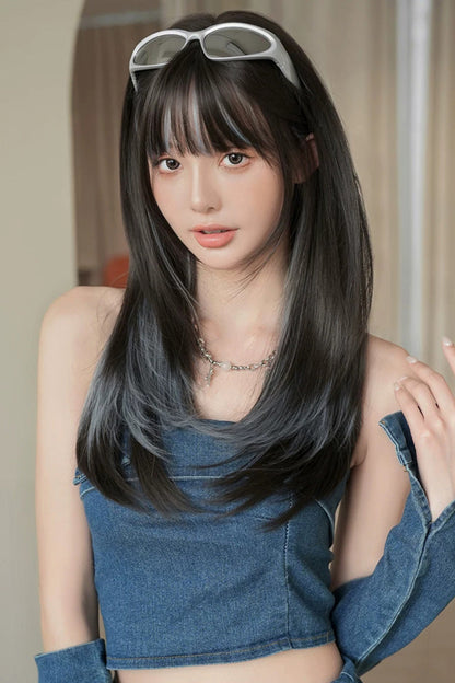 Vibrant Multitone Straight Wig with Full Fringe and Aqua Sheen