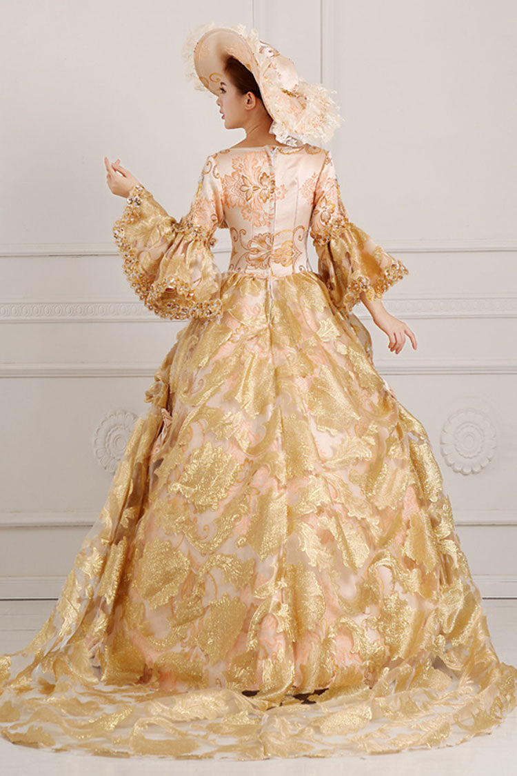 Trumpet-Sleeved High-Waisted Embroidered Print Bowknot Multi-Layer Victorian Lolita Prom Dress in Beige and Golden