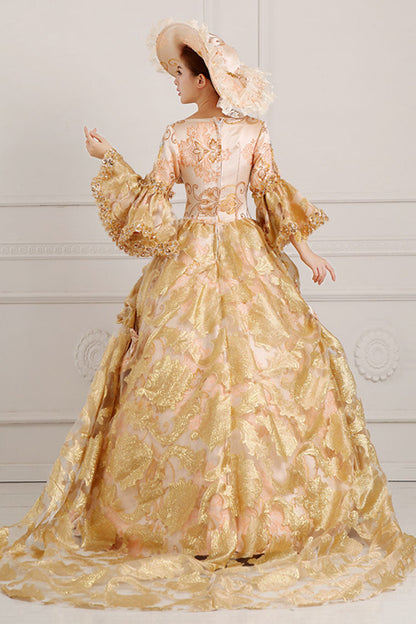 Trumpet-Sleeved High-Waisted Embroidered Print Bowknot Multi-Layer Victorian Lolita Prom Dress in Beige and Golden