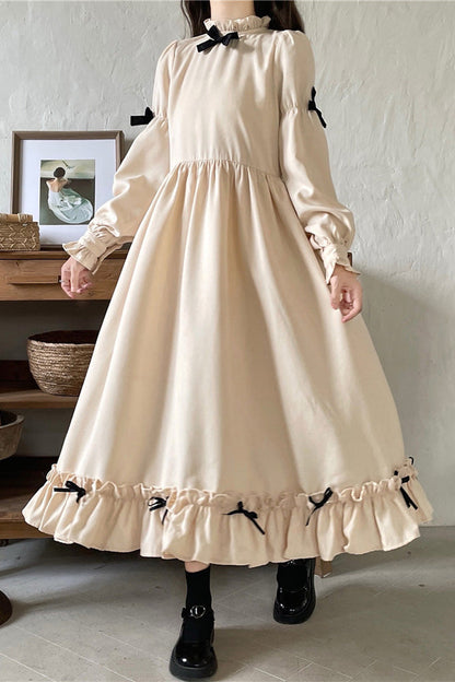 Black/Apricot Sweet Lolita Japanese Puff-Sleeved Ruffle Bowknot Dress